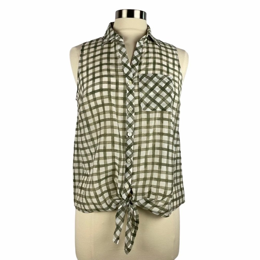 J.JILL Plaid Silk & Cotton Tie-Front Sleeveless Blouse S